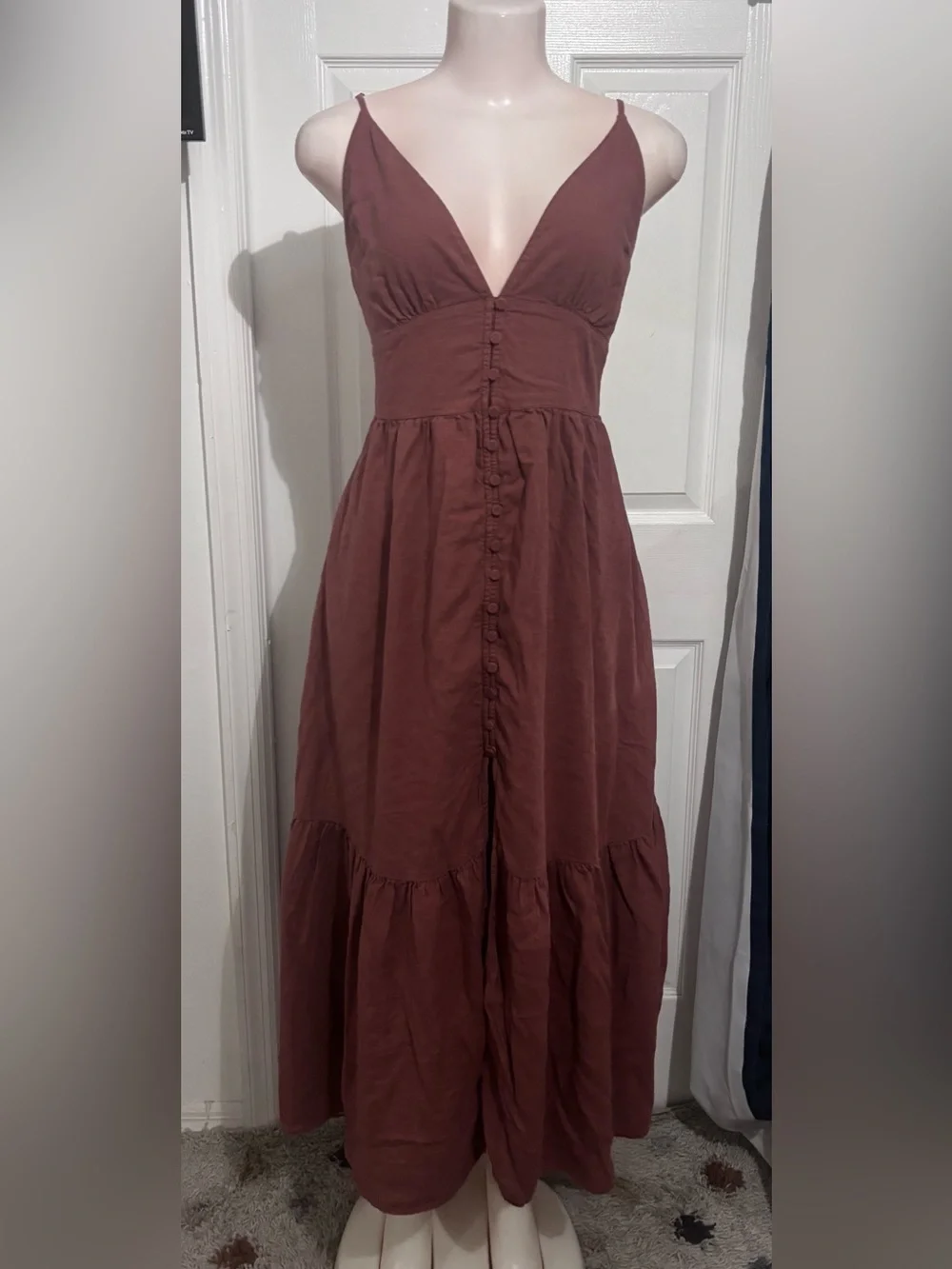 Abercrombie & Fitch Rust Tiered Deep V Maxi Dress