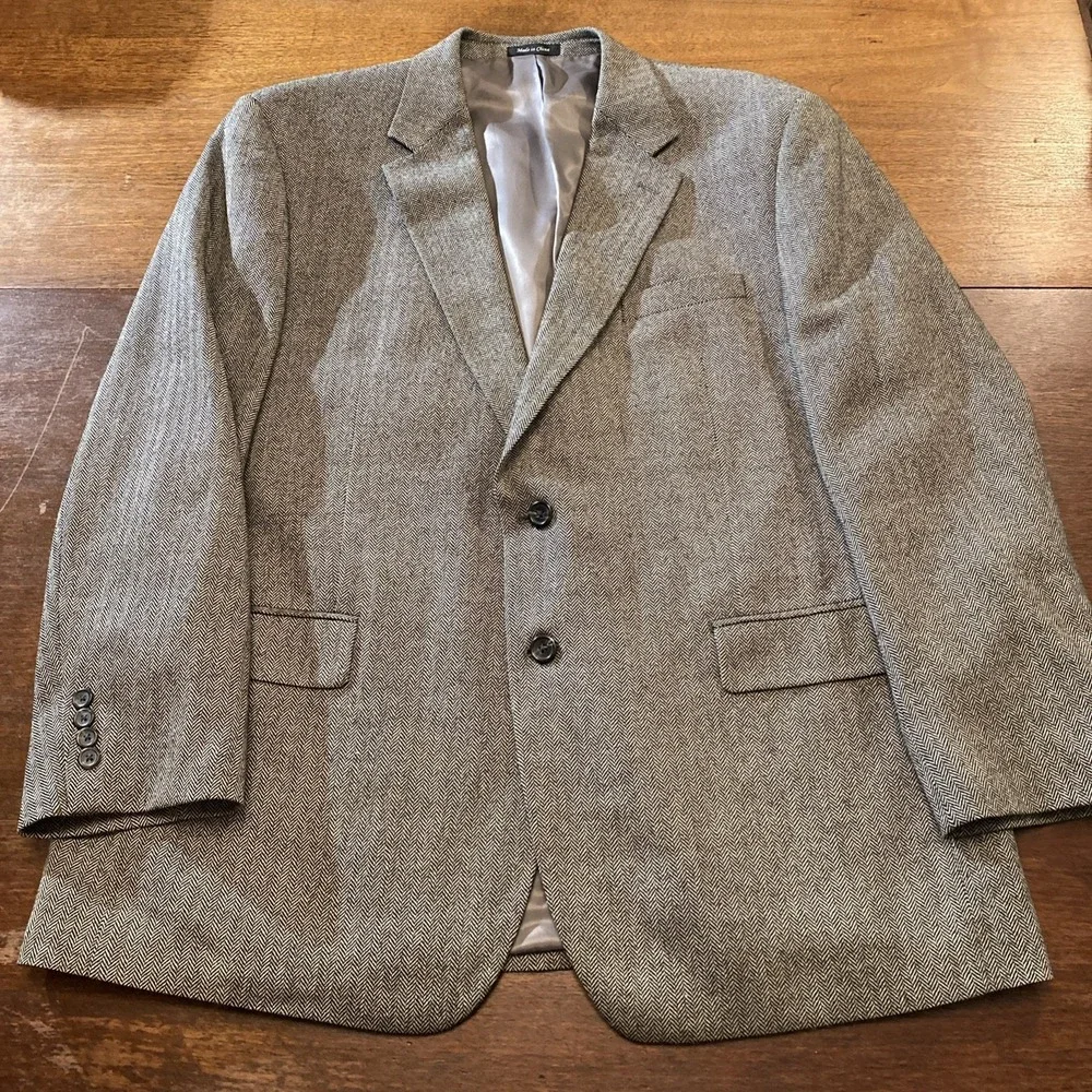 Chaps Blazer Men's 46R Beige Black Herringbone‎ Jacket Sport Coat 100% Wool