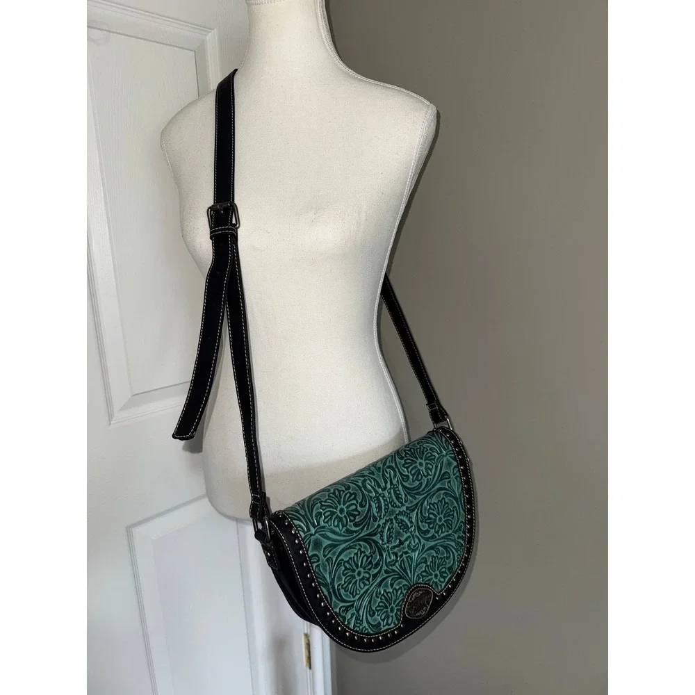 Trinity Ranch Western Tooled Faux‎ Leather Crossbody Bag Turquoise Black Studded