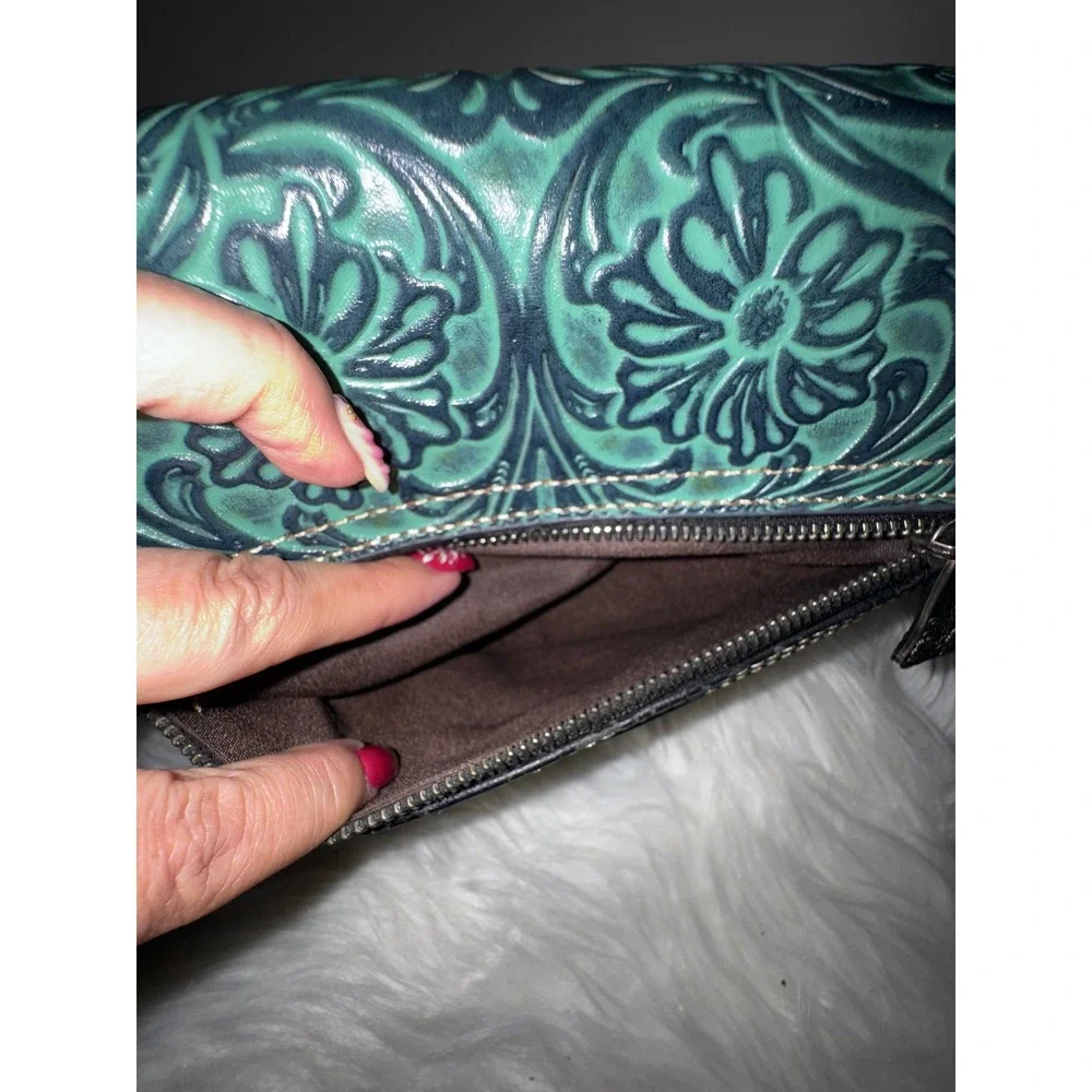 Trinity Ranch Western Tooled Faux‎ Leather Crossbody Bag Turquoise Black Studded