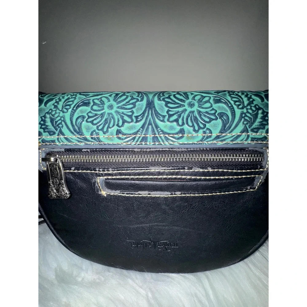 Trinity Ranch Western Tooled Faux‎ Leather Crossbody Bag Turquoise Black Studded