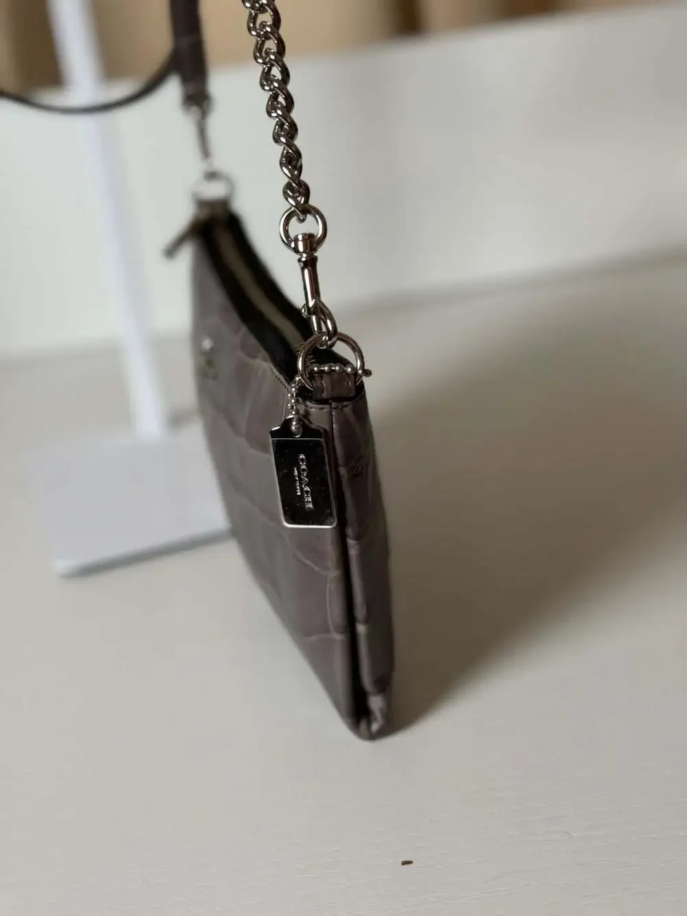 COACH Zip Top KYLIE Crossbody Gray Textural Leather Reptile Print Slim Swing Bag