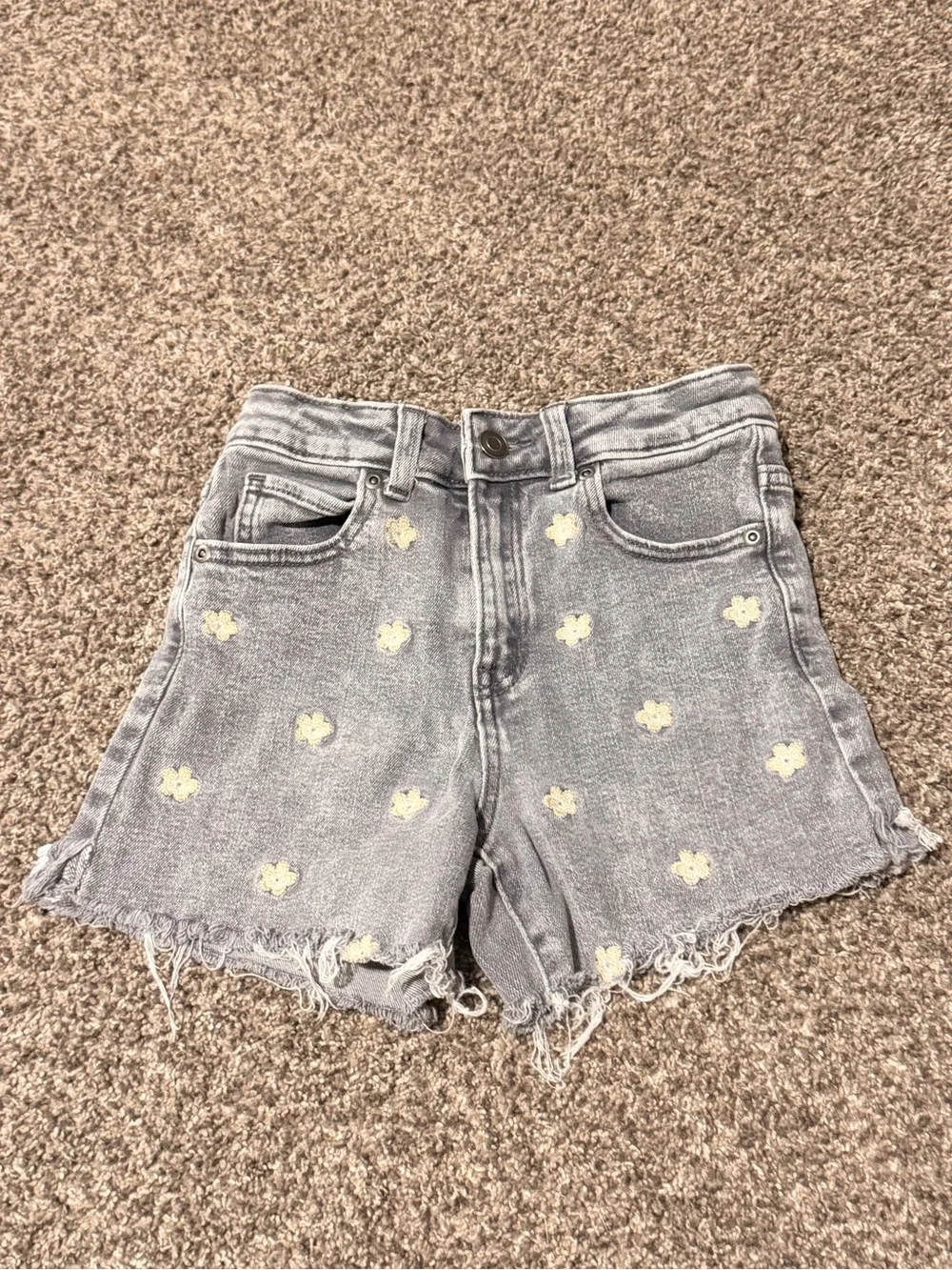 Girls' Gray Denim Shorts with pale Yellow Floral Embroidery