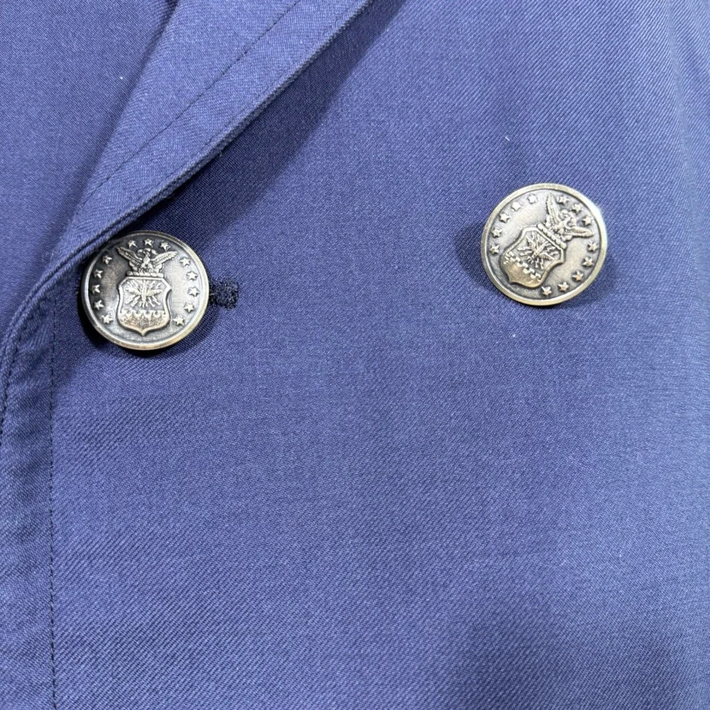 VTG US Air Force Style Wool Navy Blue Double Breasted Overcoat Crest Buttons 39R