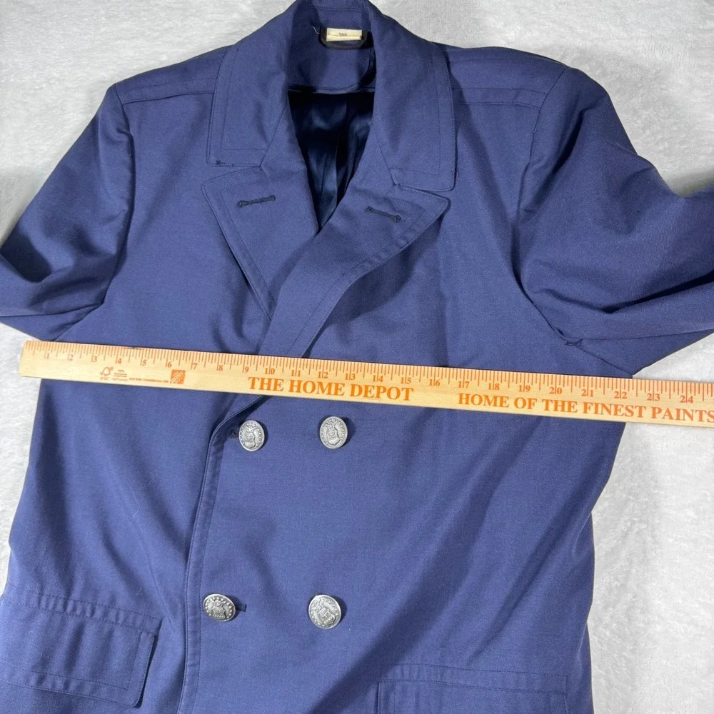 VTG US Air Force Style Wool Navy Blue Double Breasted Overcoat Crest Buttons 39R