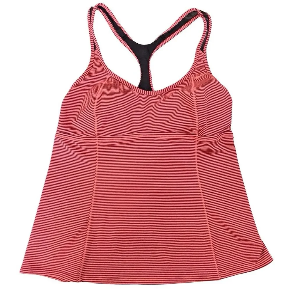NIKE Women’s L Tankini Swim Top Coral Striped Racerback Built In Shelf Bra
