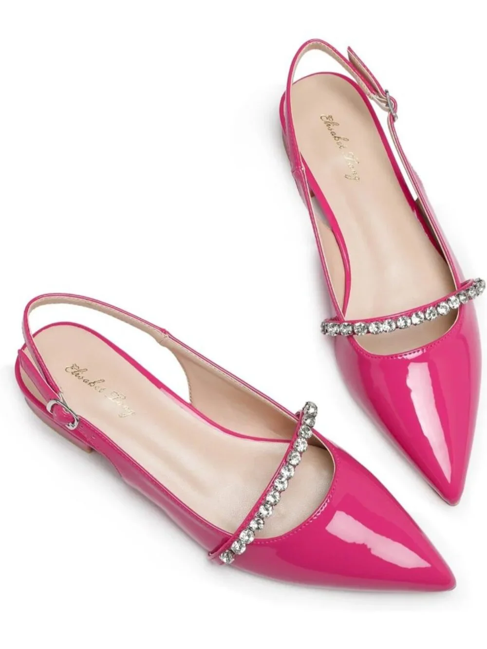 Women Hot Pink Patent Slingback Flat With Rhinestone Pointed Toe Backstrap Shoes