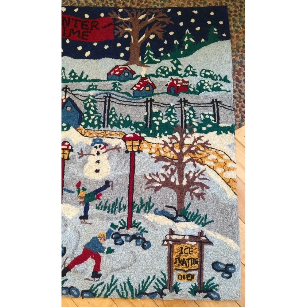 Vintage Micro Hook‎ Rug Wall Hanging Winter Scene Folk Christmas 3' x 5' Wool