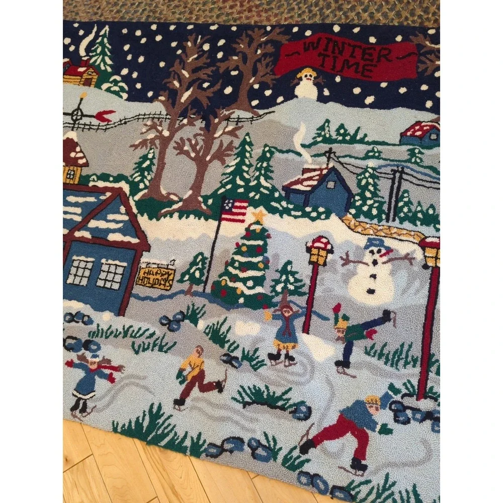 Vintage Micro Hook‎ Rug Wall Hanging Winter Scene Folk Christmas 3' x 5' Wool