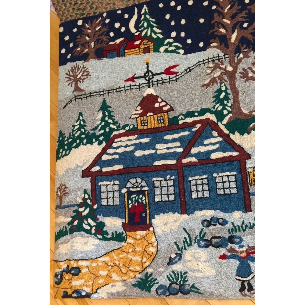 Vintage Micro Hook‎ Rug Wall Hanging Winter Scene Folk Christmas 3' x 5' Wool