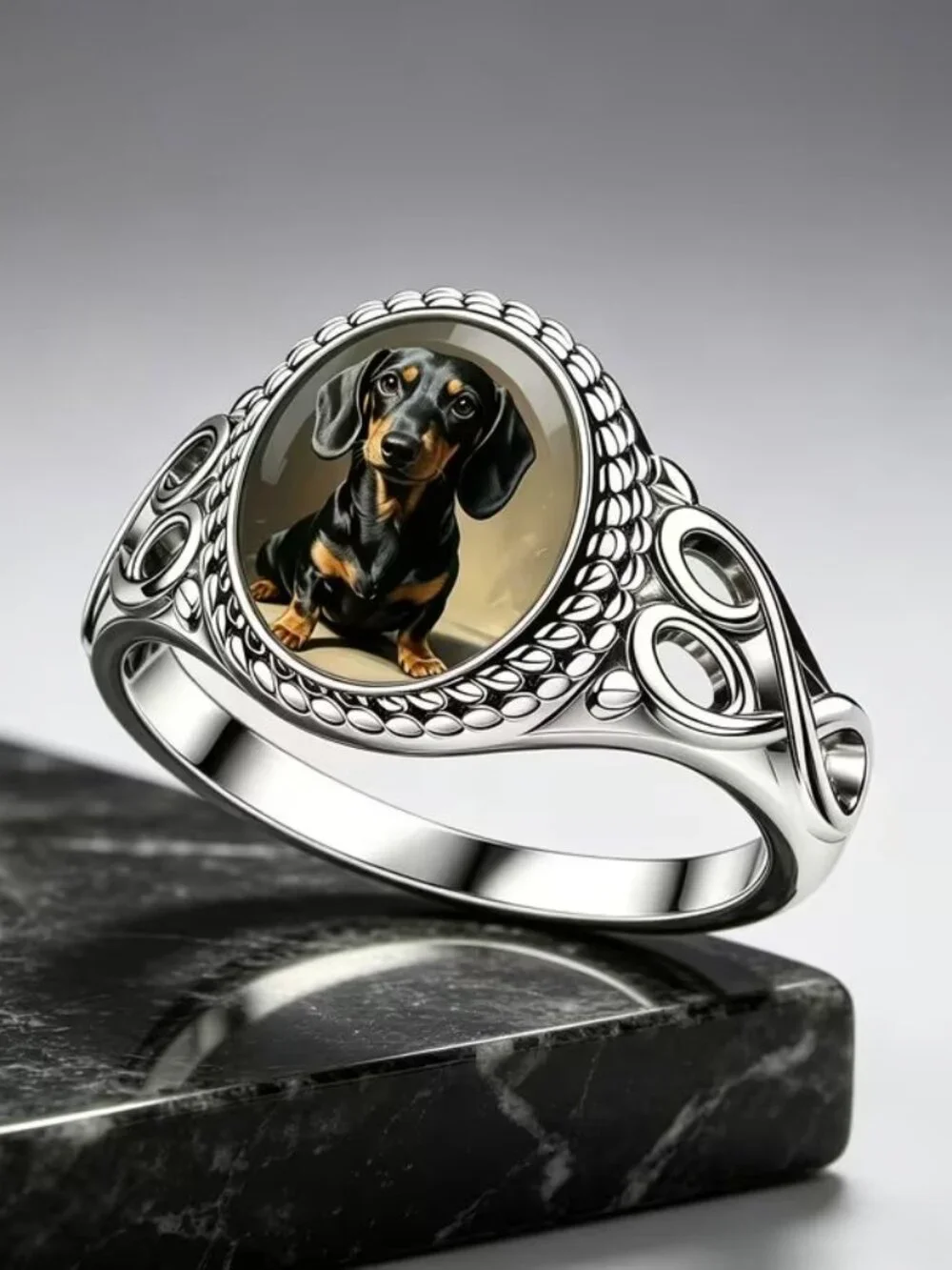 Silver DACHSHUND Dog Ring Size 8