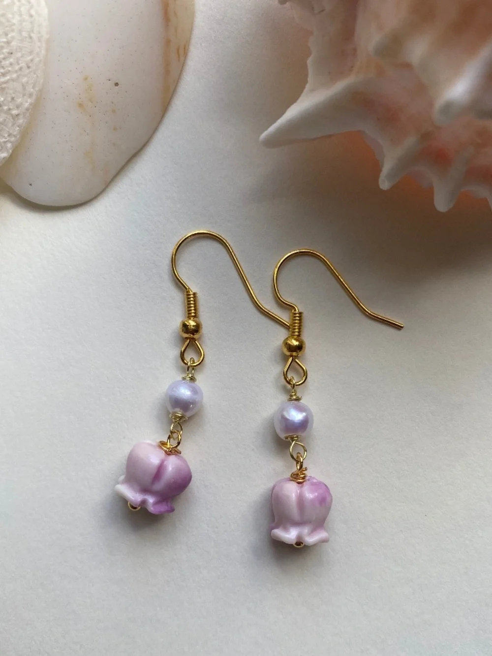 Handmade Hawaiian Style Earrings with Lavender Crown Flower & Freshwater Pearl