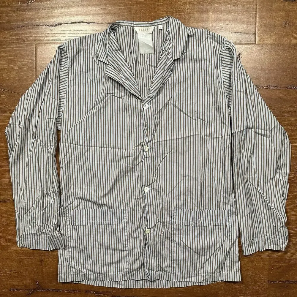 Frette Button Up Pajama Shirt Mens M Blue Stripe Woven Designer Luxury Comfort