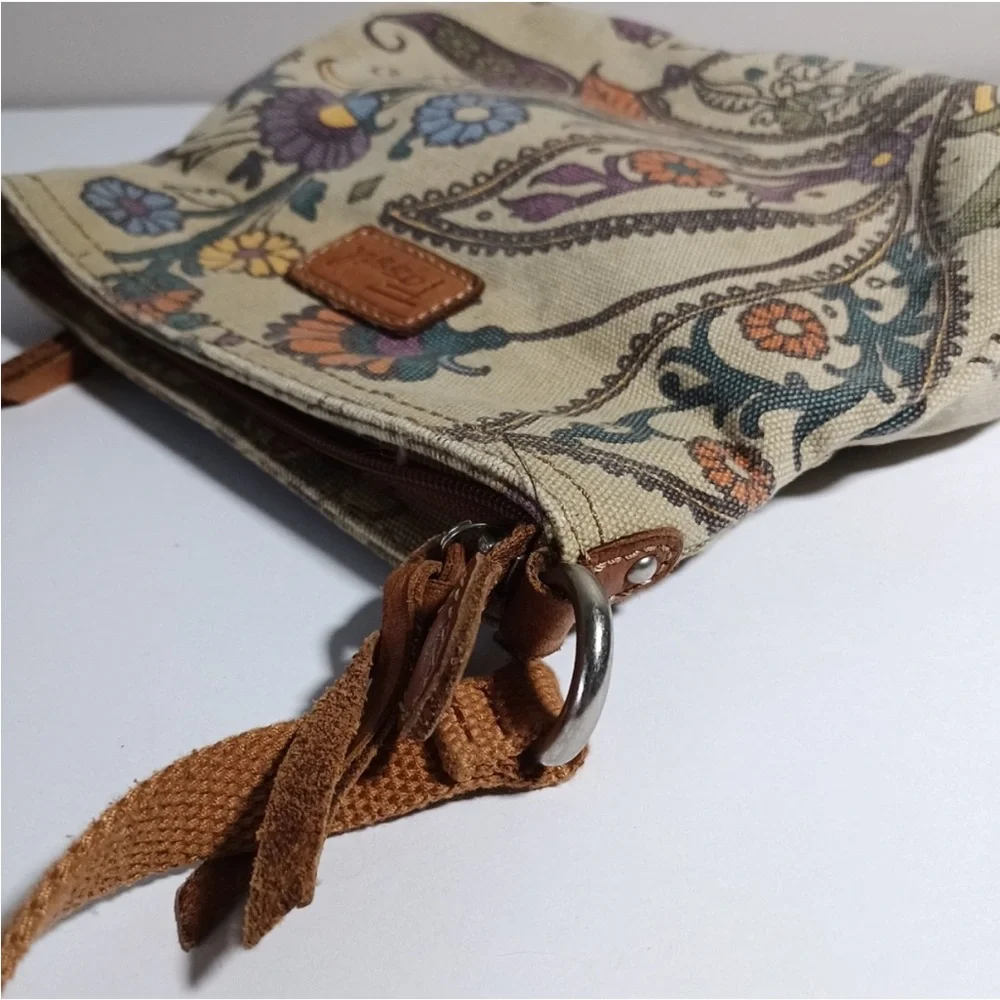 Fossil Vintage Cotton Floral Print Crossbody bag In Tan With Brown Leather Strap