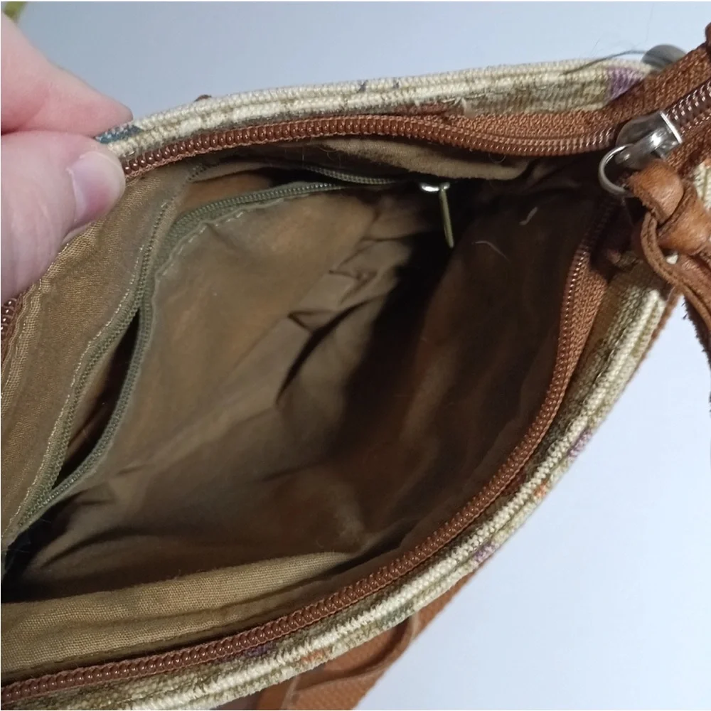 Fossil Vintage Cotton Floral Print Crossbody bag In Tan With Brown Leather Strap