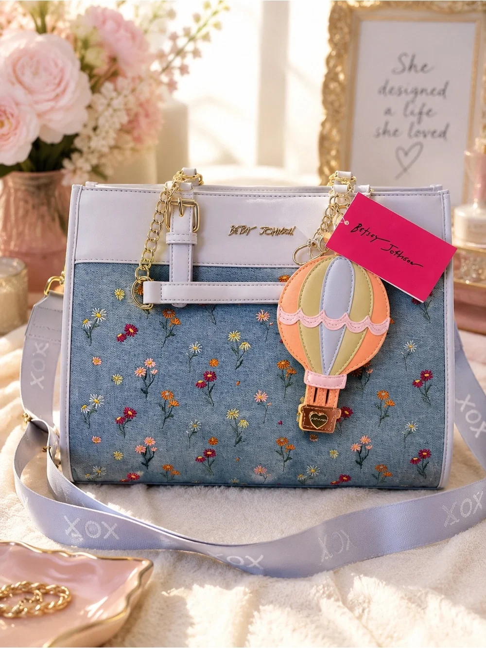 Betsey Johnson Denim Floral Satchel with Pastel Hot Air Balloon Charm NWT 💐