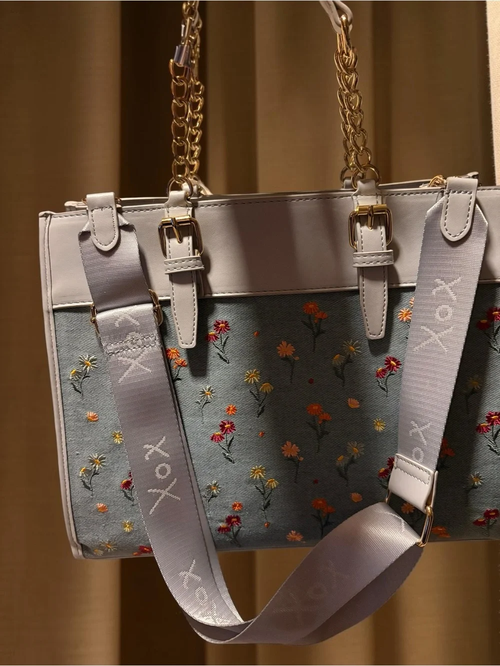 Betsey Johnson Denim Floral Satchel with Pastel Hot Air Balloon Charm NWT 💐