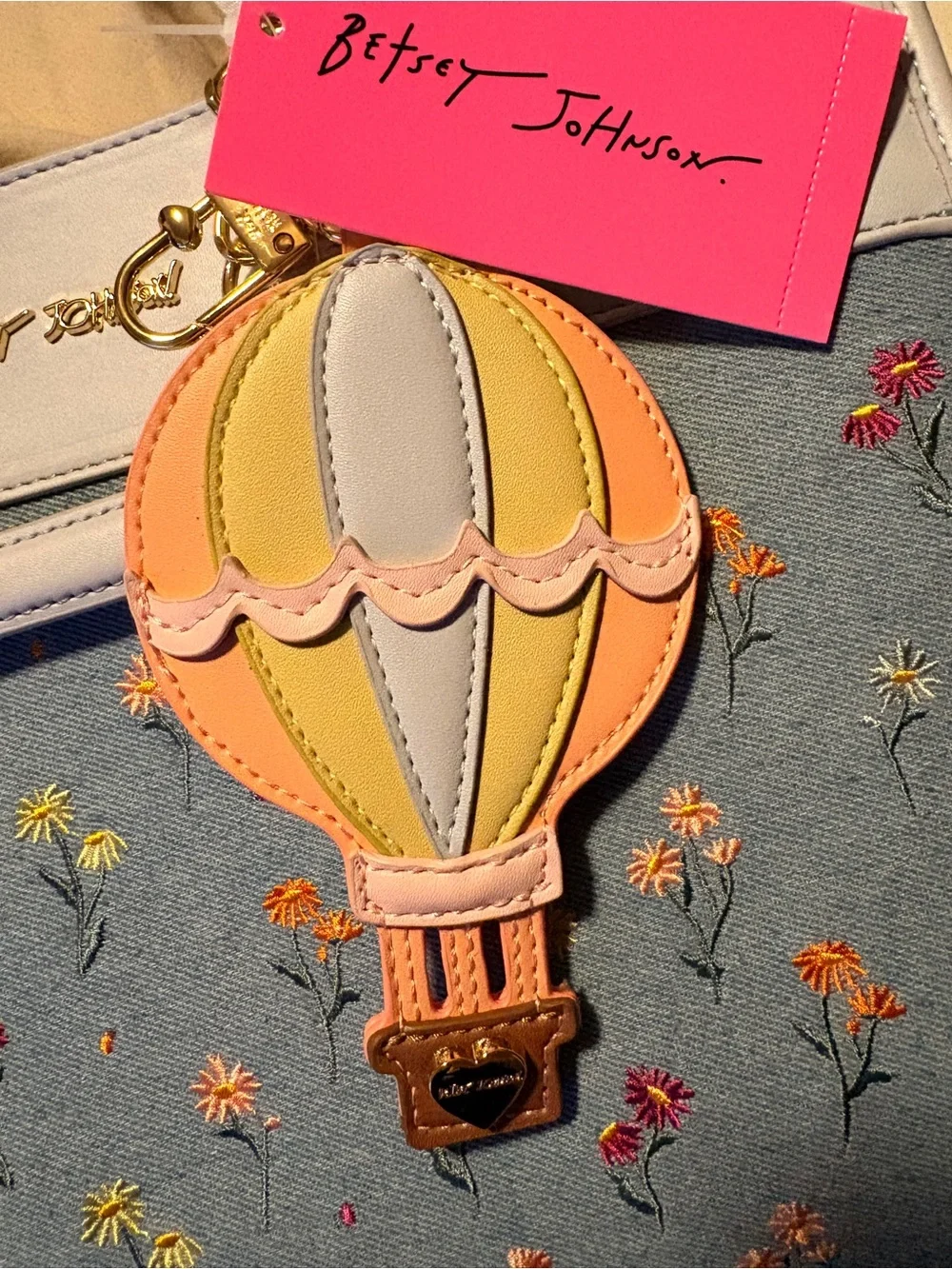 Betsey Johnson Denim Floral Satchel with Pastel Hot Air Balloon Charm NWT 💐