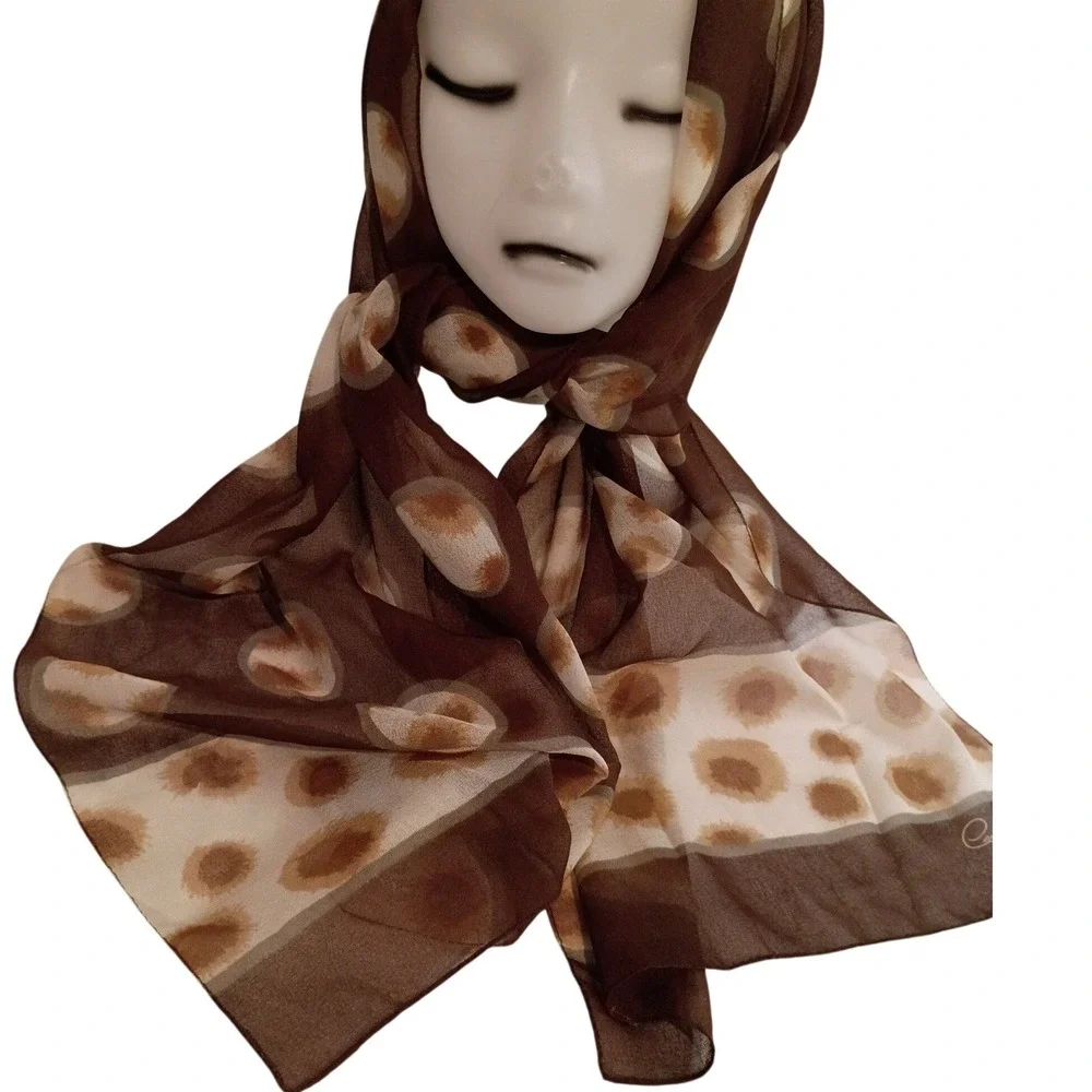 Amelia Jane Silk Chiffon Scarf Brown Ivory Polka‎ Dot Sheer Signed Women's