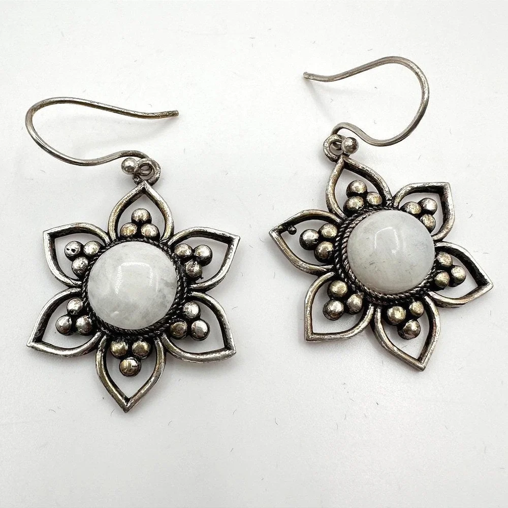Vintage 90s Silver Tone Moonstone Floral Dangle Earrings Women's Classic Jewelry