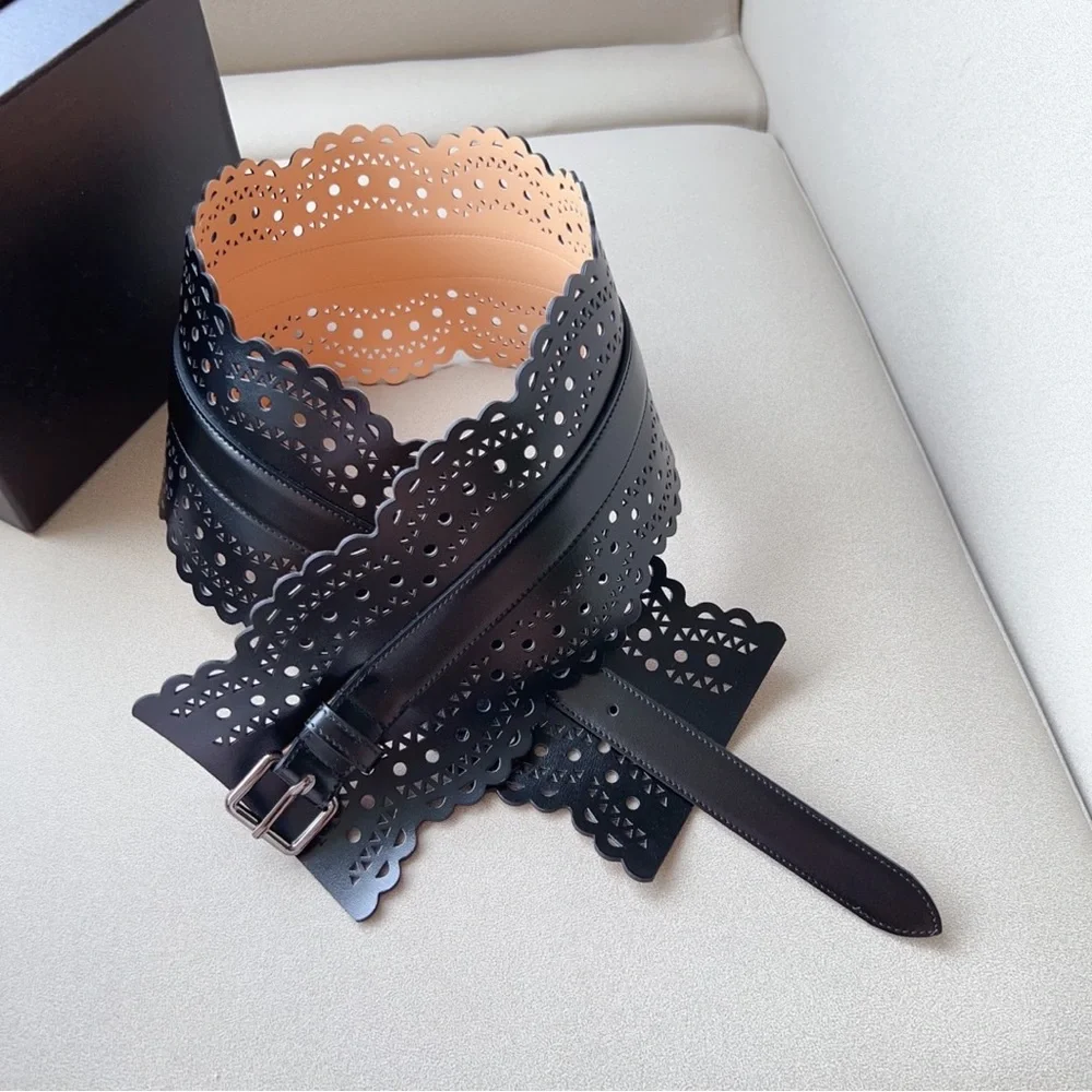 Alaïa Black Laser-Cut Scalloped Wide Leather Belt