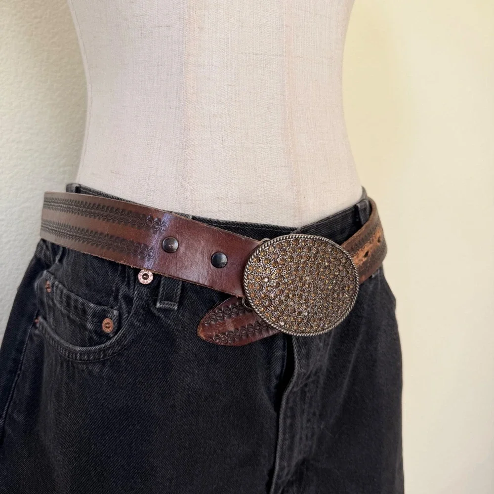 Vintage Brown Leather Western Belt Oval‎ Rhinestone Buckle Tooled Mexico Size 32