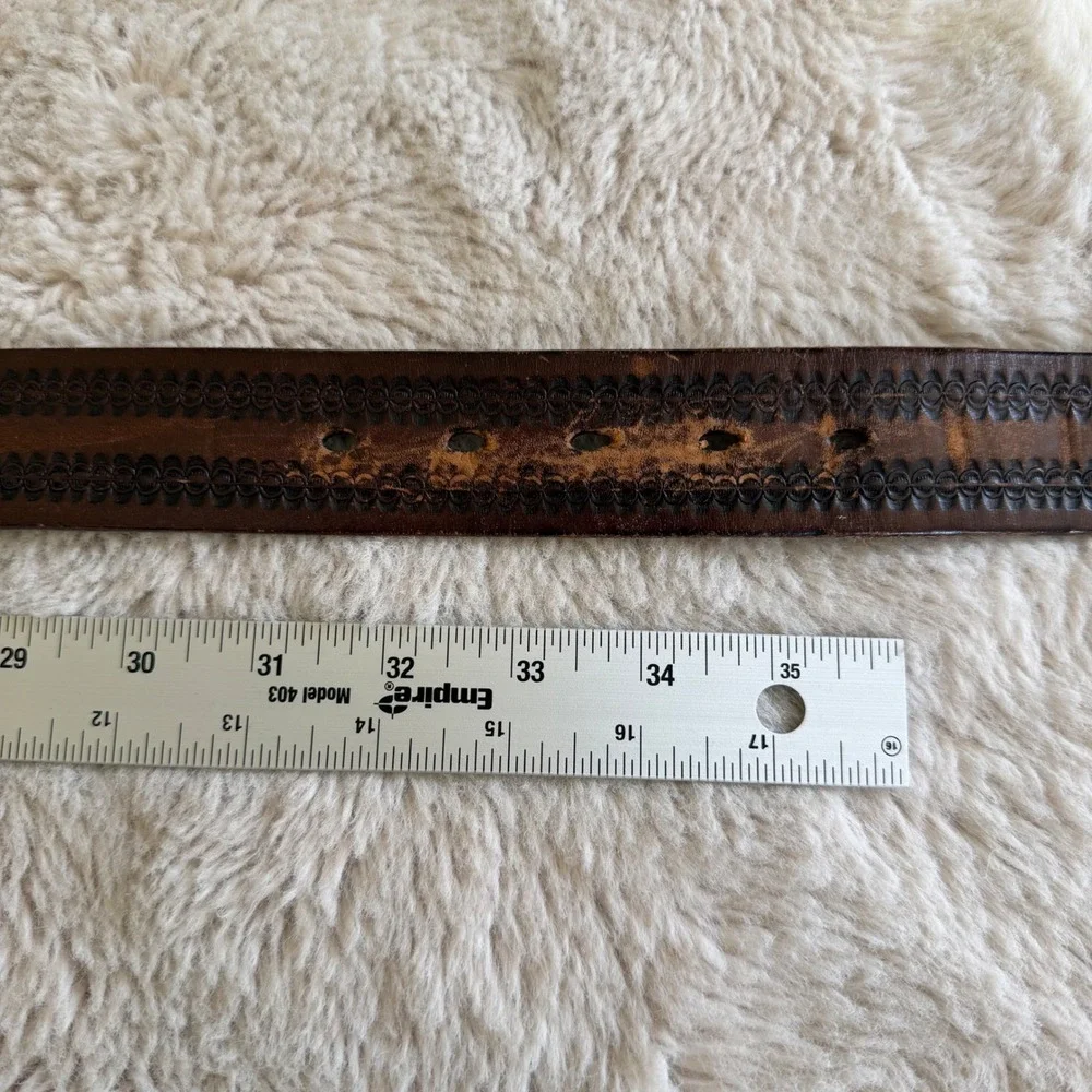 Vintage Brown Leather Western Belt Oval‎ Rhinestone Buckle Tooled Mexico Size 32