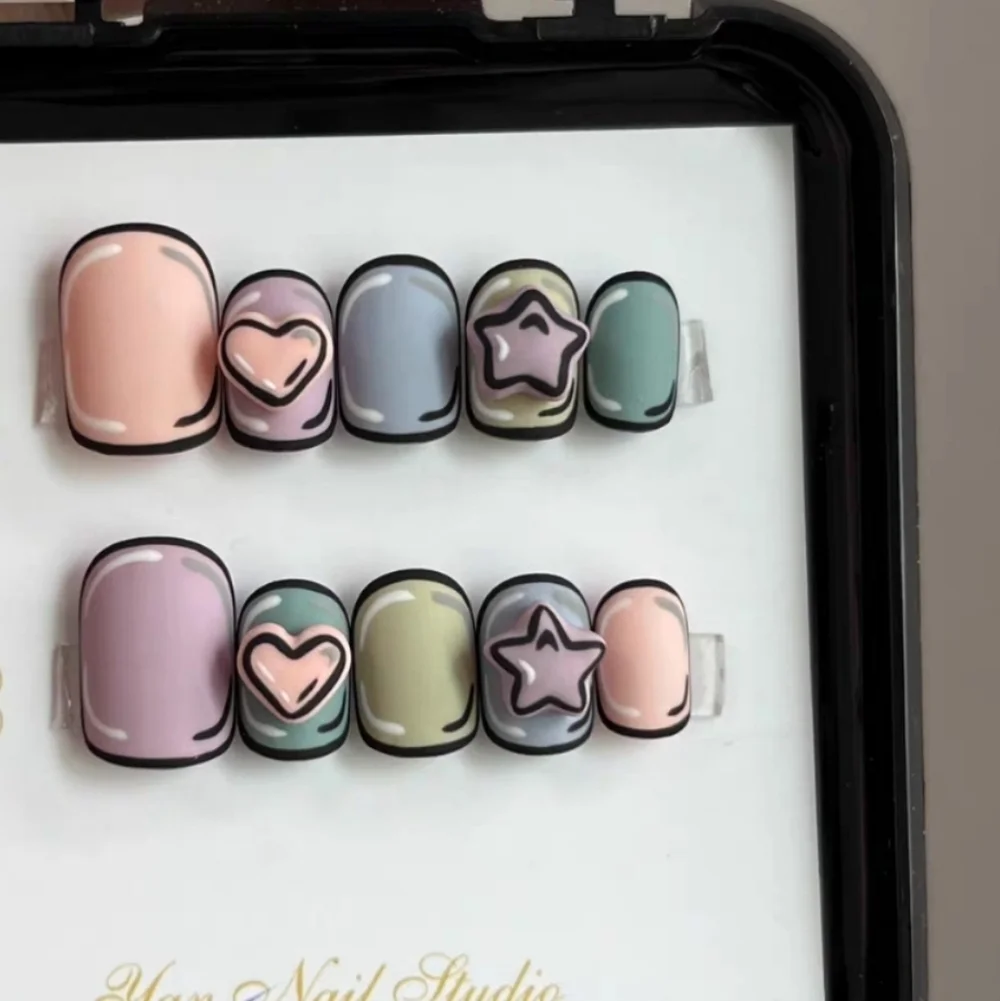 3D Pop Art Cartoon Press On Nails Kawaii Pastel Heart & Star Size Small