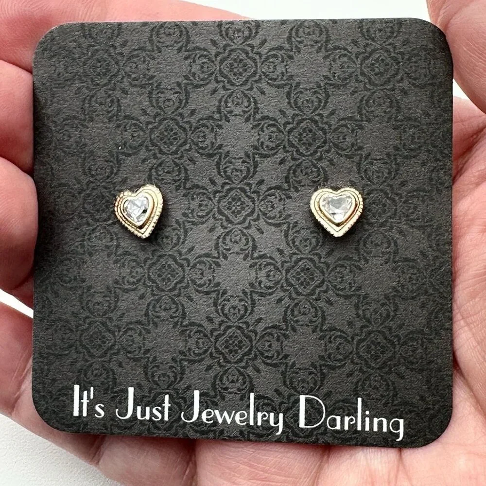 14K Gold Womens Earrings Pierced Heart Cubic Zirconia CZ Studs Gift Idea for Her