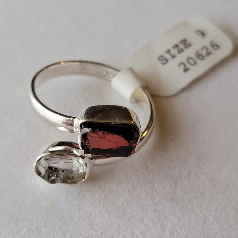 Garnet with Herkimer Diamond Sterling Silver Bypass Gemstone Ring