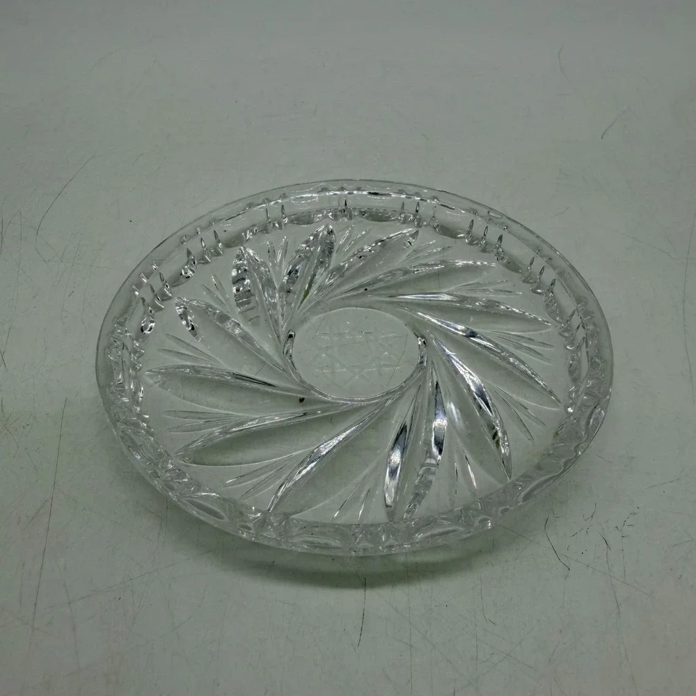 Vintage Clear Cut Glass Coaster Pinwheel Starburst Small Dish Excellent