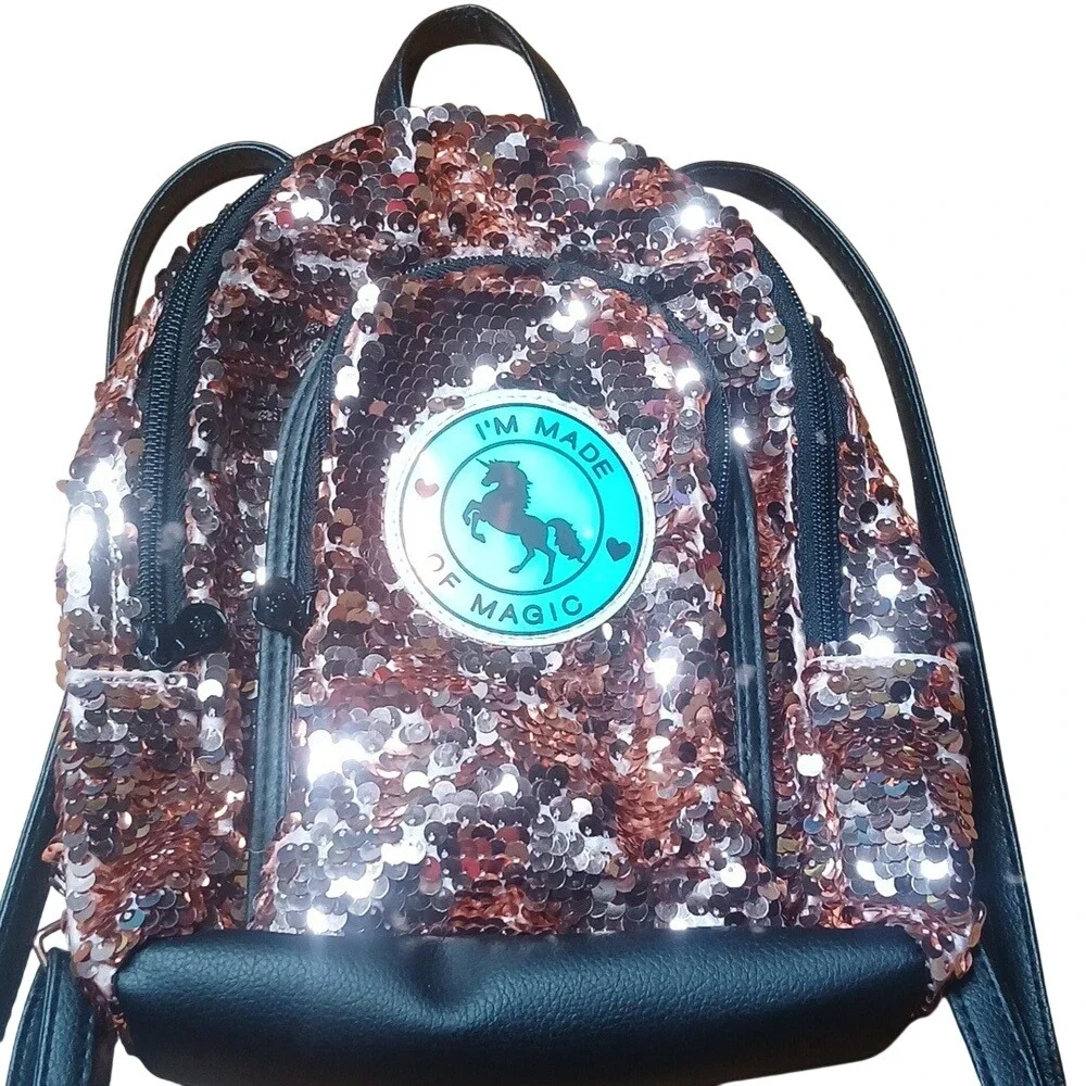 Justice Mini‎ Backpack Kids OS Rose Gold Sequin Unicorn Made of Magic Sparkle