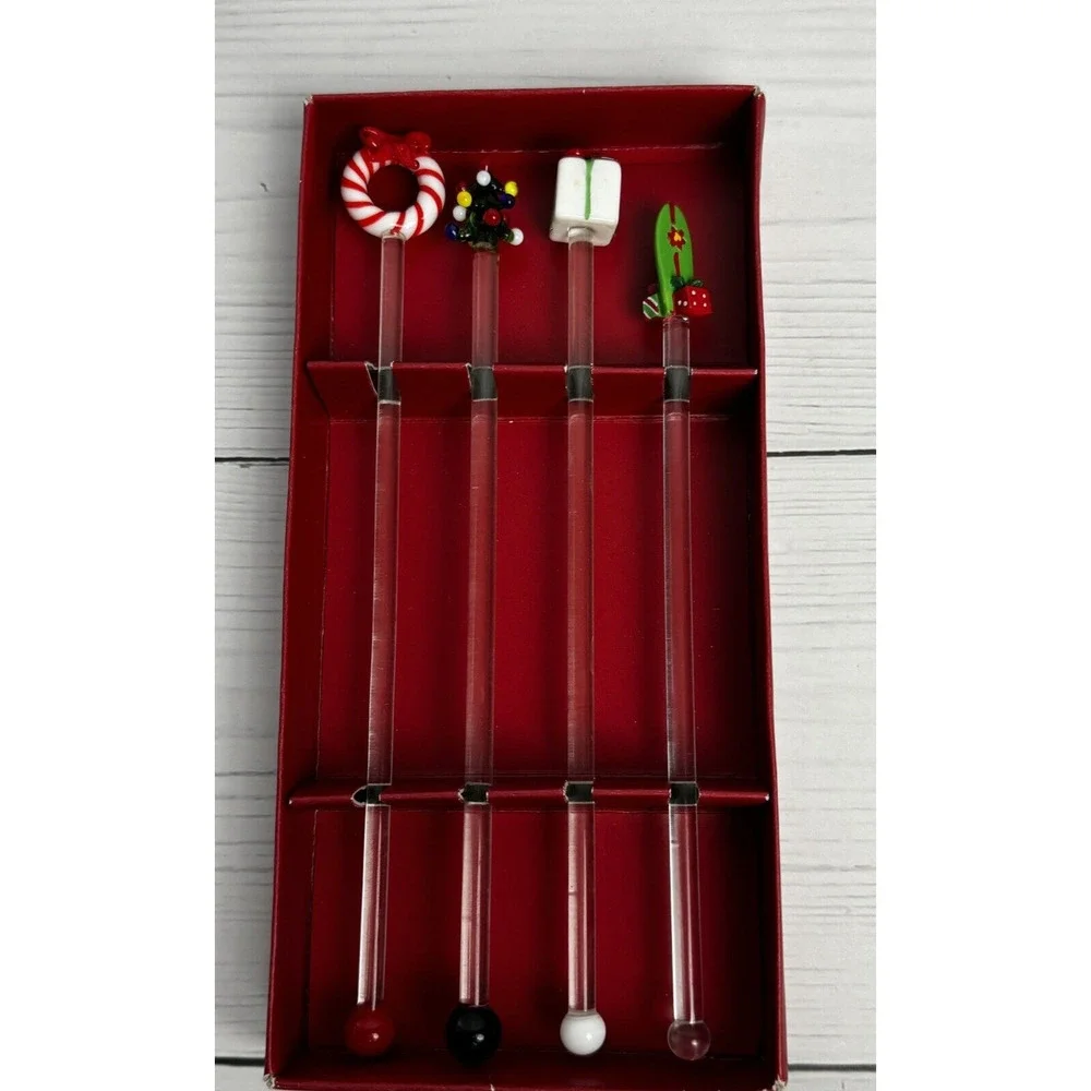 Pier 1 Glass Cocktail Swizzle Sticks Christmas Tree Presents‎ Wreath Surfboard