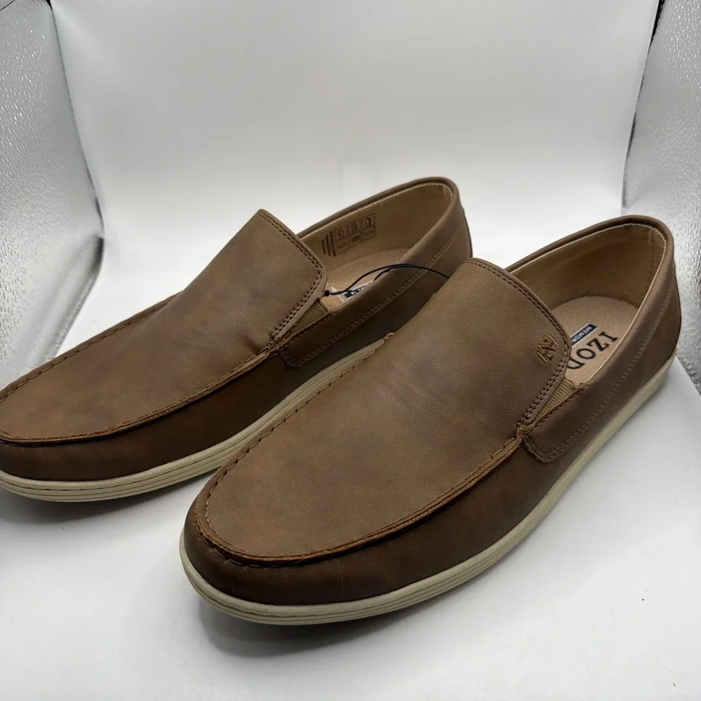 Izod Seapoint Loafers Men's Tan Leather Slip On Mem Foam‎ Casual Mocassin 10.5