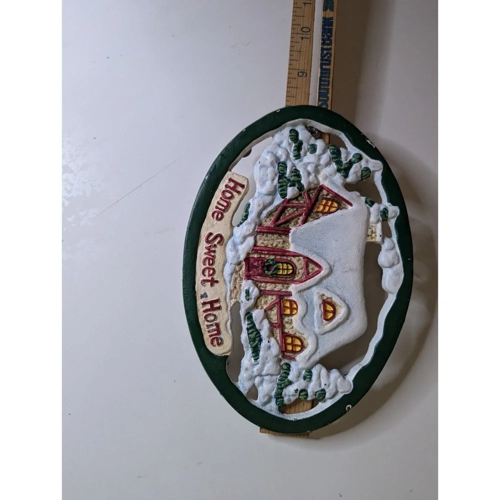Vintage‎ Cast iron painted HOME SWEET HOME snow Christmas kitchen pot pan trivet