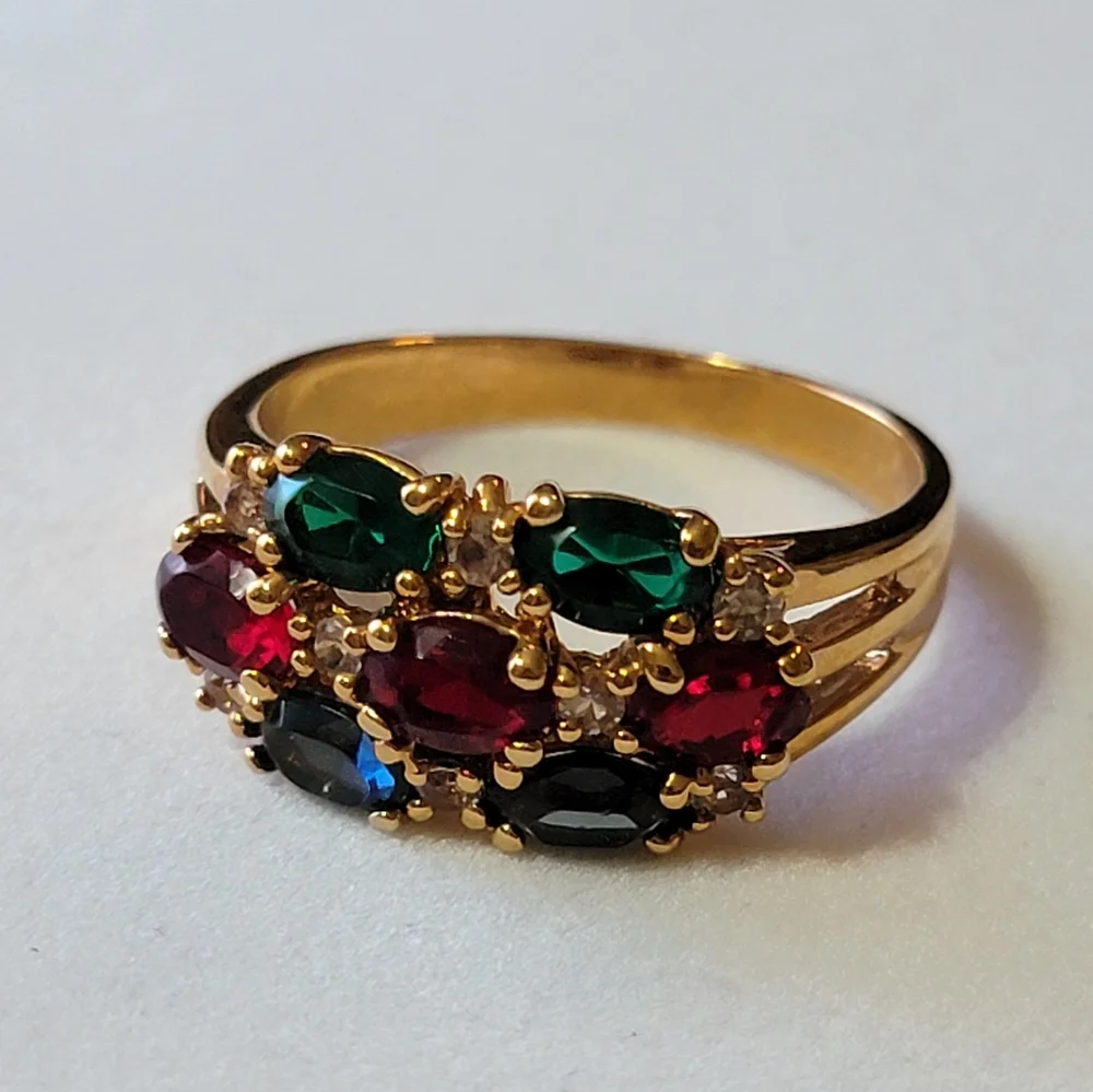 Multi-gem Gold Tone Cocktail Ring Faux Emerald Sapphire Ruby and Diamond Vintage