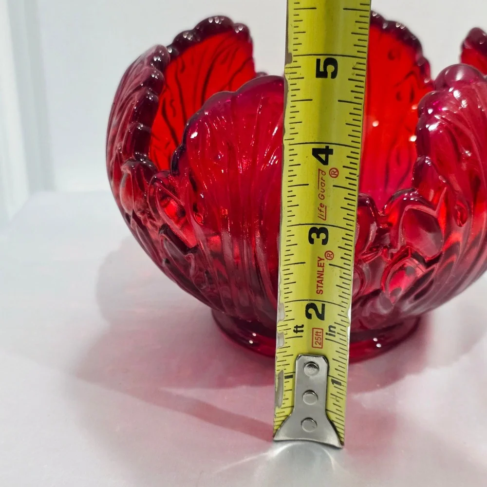 Fenton Red Cabbage Leaf Glass Bowl, Holiday Tableware, Scalloped Candy Dish