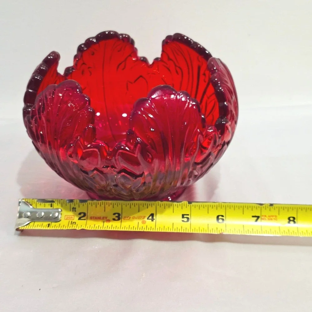 Fenton Red Cabbage Leaf Glass Bowl, Holiday Tableware, Scalloped Candy Dish