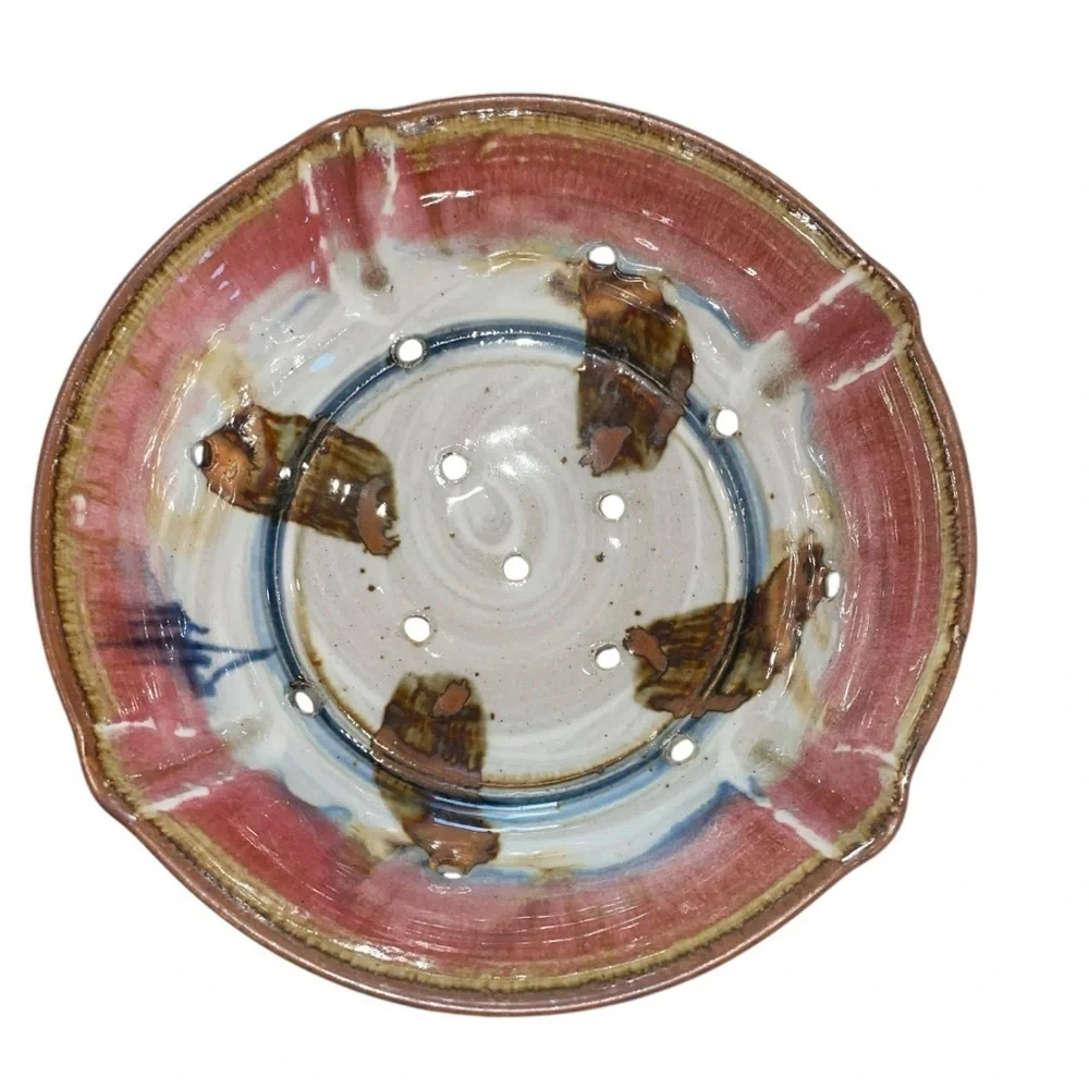Handmade ET Signed Artisan Ceramic Berry Bowl Rustic Glazed Footed Colander