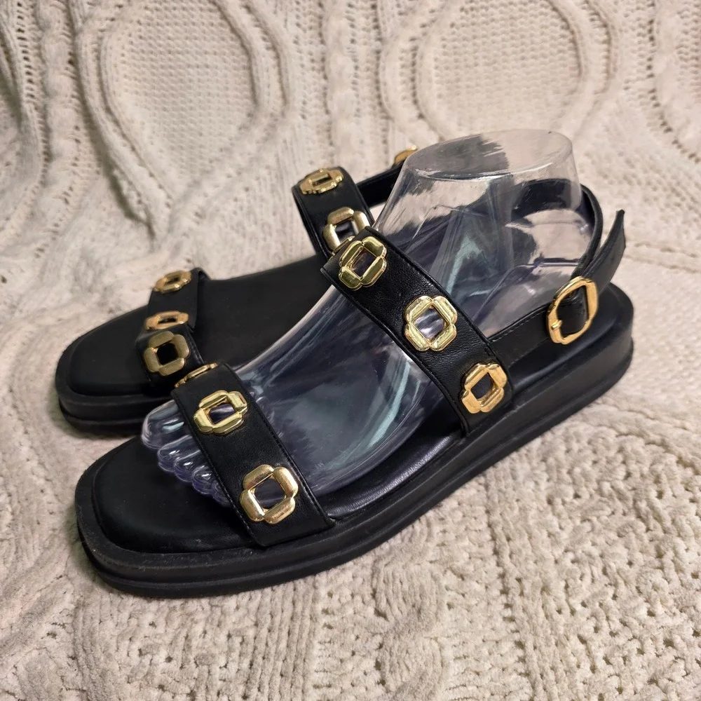 Steve Madden Flatform Platform Sandals Black Gold Rivet Milan Women 8M Excellent