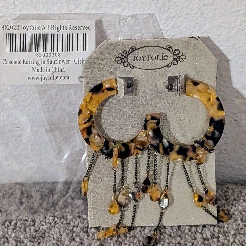 Joyfolie Tortoise Shell Hoop Earrings‎  Dangle Beads Gold Tone Post Back NWT $35
