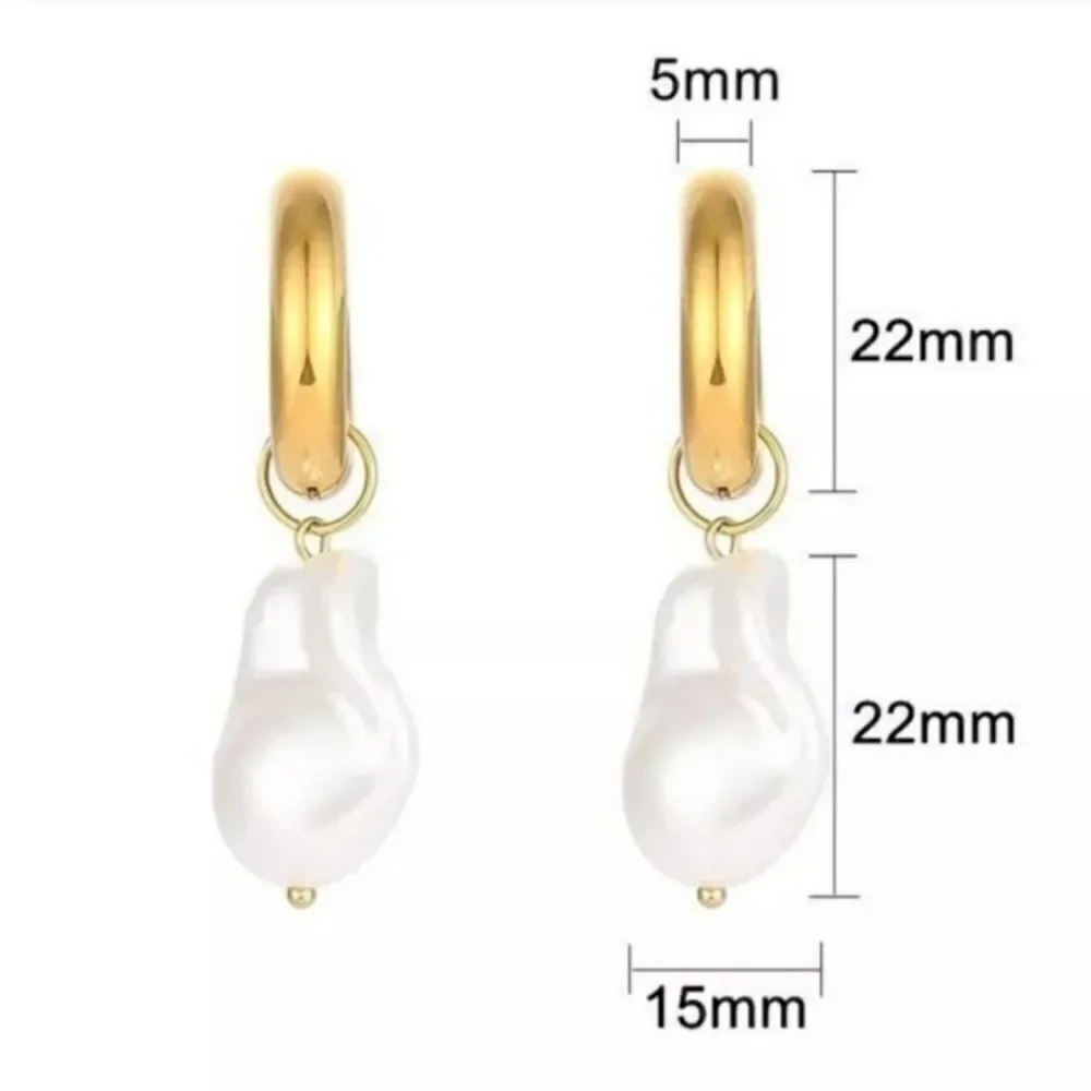 Vintage Pearl Baroque Charm PVD 18K Plated Gold Hoop Earrings Stainless Steel