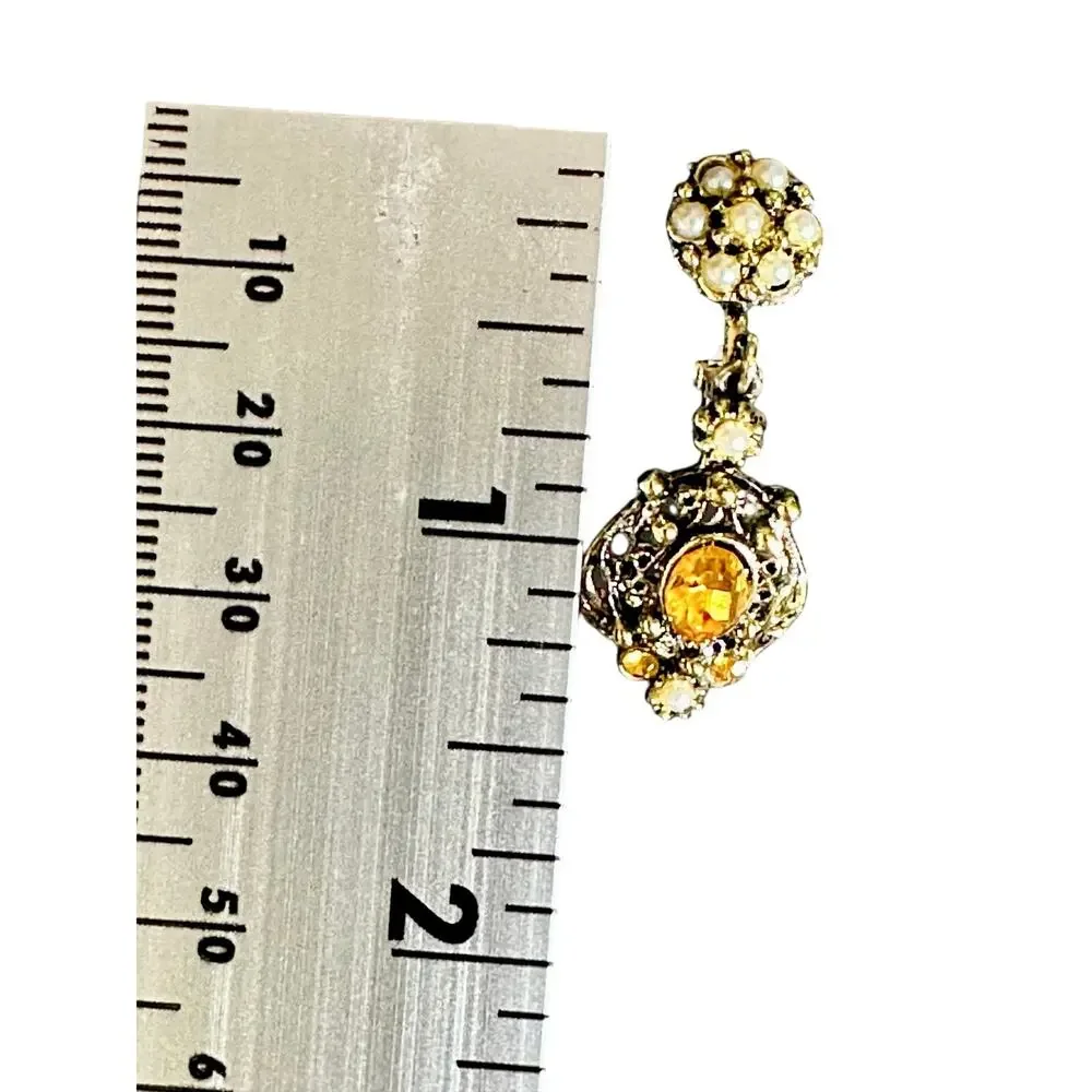 Vintage Amber Glass Rhinestone Clip‎ On Earrings Gold Tone 60s Ornate Dangle