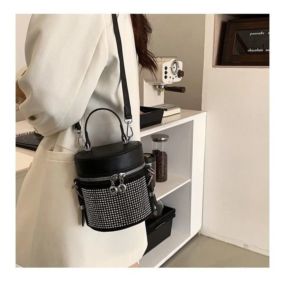 Women's Black Rhinestone Bucket Satchel Crossbody Handbag