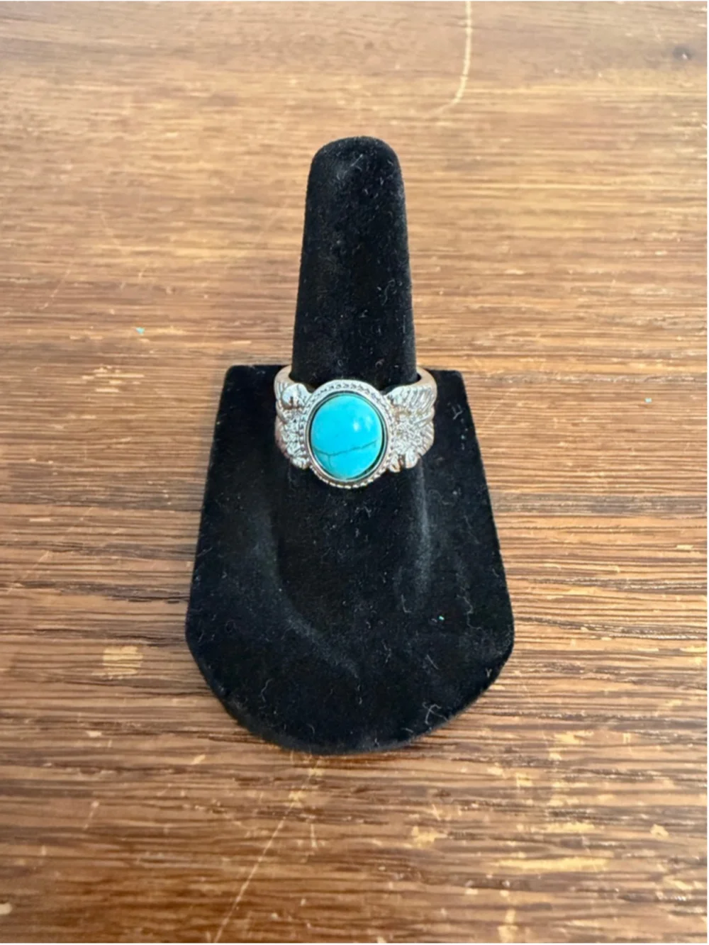 Turquoise Feather Ring Size 7 Silver Tone Boho Western Statement Ring