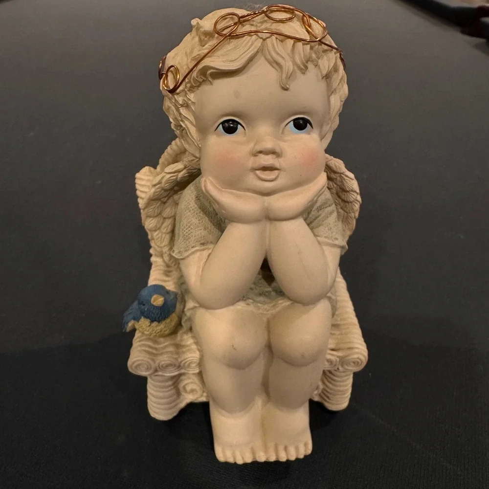 Vintage Musical Angel Cherub‎ Figurine Wicker Chair Bluebird Copper Halo Decor