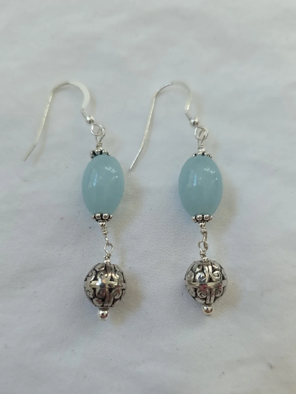 Sterling Silver Drop Earrings with Aquamarine Beads and Filigree Orbs