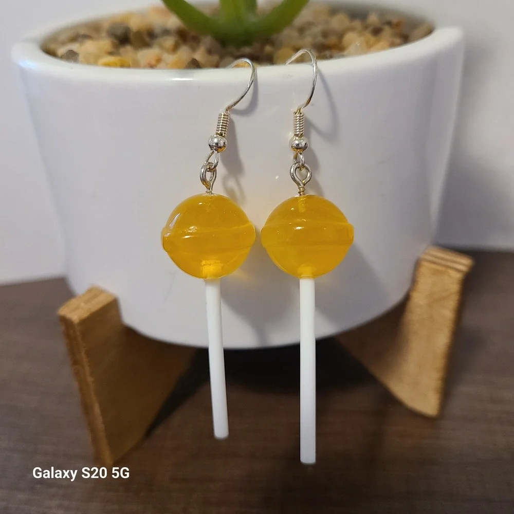 Handmade Yellow Lollipop Dangle‎ Earrings Funky Novelty Jewelry Gift NWOT