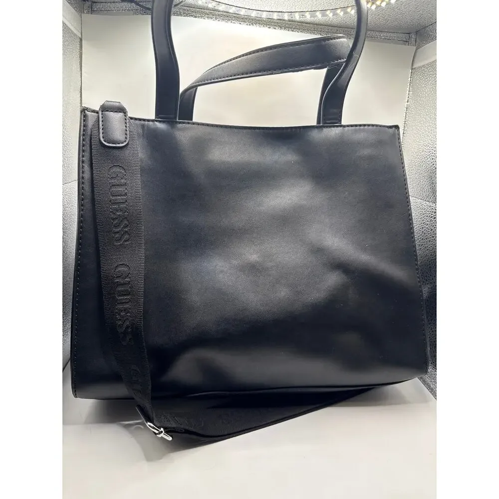 GUESS Black Faux Leather Triangle Logo Tote Satchel Crossbody Purse Handbag
