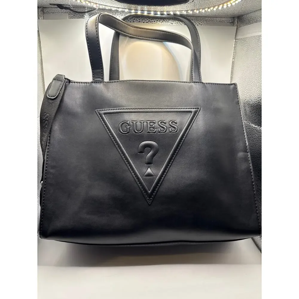 GUESS Black Faux Leather Triangle Logo Tote Satchel Crossbody Purse Handbag